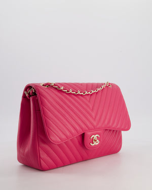 Chanel Hot Pink Chevron Jumbo Double Flap Bag in Lambskin Leather with Champagne Gold Hardware