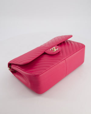 Chanel Hot Pink Chevron Jumbo Double Flap Bag in Lambskin Leather with Champagne Gold Hardware