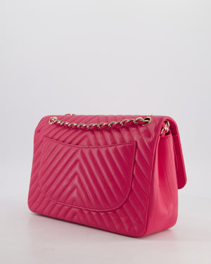 Chanel Hot Pink Chevron Jumbo Double Flap Bag in Lambskin Leather with Champagne Gold Hardware