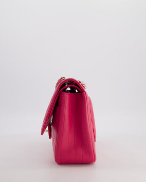 Chanel Hot Pink Chevron Jumbo Double Flap Bag in Lambskin Leather with Champagne Gold Hardware