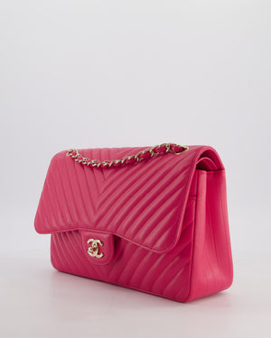 Chanel Hot Pink Chevron Jumbo Double Flap Bag in Lambskin Leather with Champagne Gold Hardware