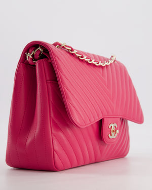 Chanel Hot Pink Chevron Jumbo Double Flap Bag in Lambskin Leather with Champagne Gold Hardware
