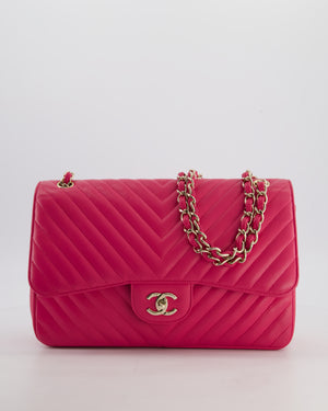 Chanel Hot Pink Chevron Jumbo Double Flap Bag in Lambskin Leather with Champagne Gold Hardware