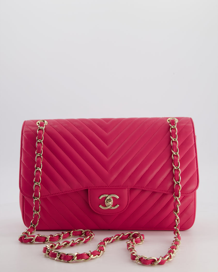 Chanel Hot Pink Chevron Jumbo Double Flap Bag in Lambskin Leather with Champagne Gold Hardware