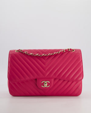 Chanel Hot Pink Chevron Jumbo Double Flap Bag in Lambskin Leather with Champagne Gold Hardware
