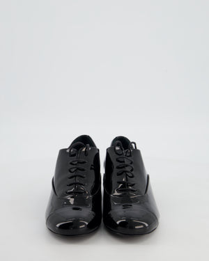 Chanel Black Patent Leather Lace Up Shoes with Pearl and Gold CC Heel Detail Size EU 36.5