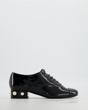 Chanel Black Patent Leather Lace Up Shoes with Pearl and Gold CC Heel Detail Size EU 36.5