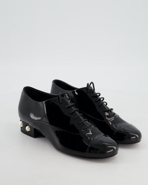 Chanel Black Patent Leather Lace Up Shoes with Pearl and Gold CC Heel Detail Size EU 36.5