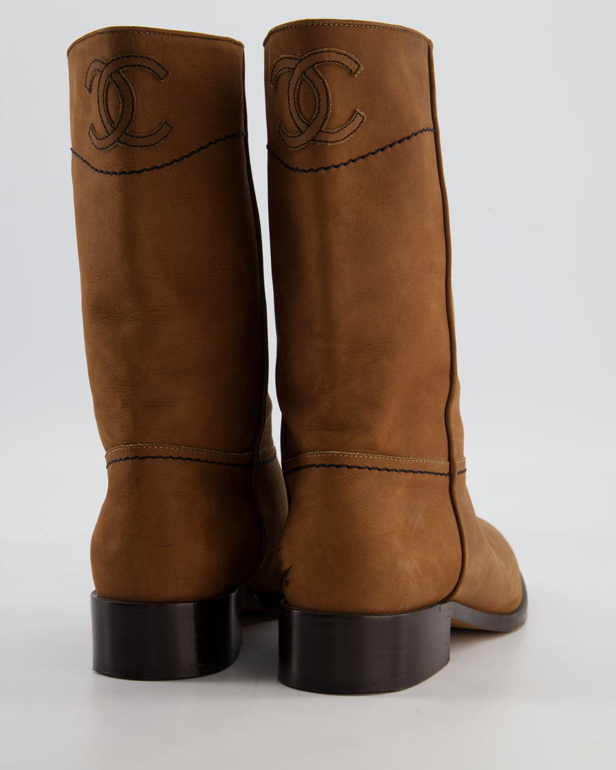 Chanel 21A Brown Ankle Boots in Suede & Leather with CC Logo Size EU 38.5