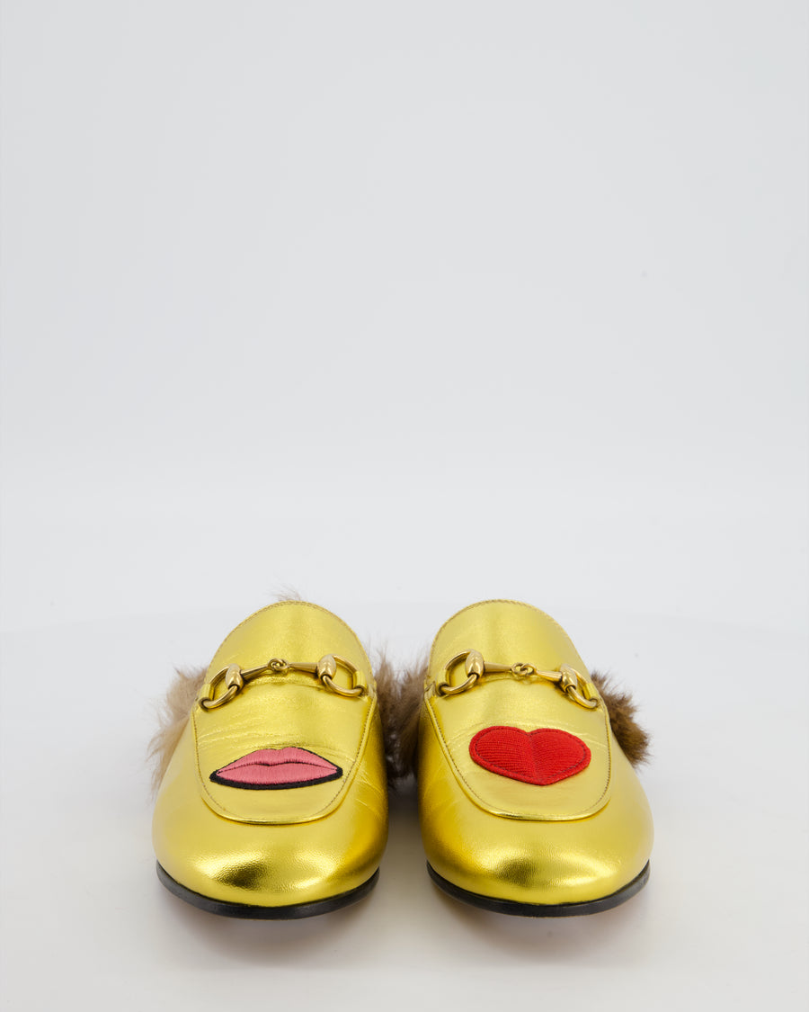 Gucci Gold Princetown Embroidered Lips Heart Mules with Fur EU 35