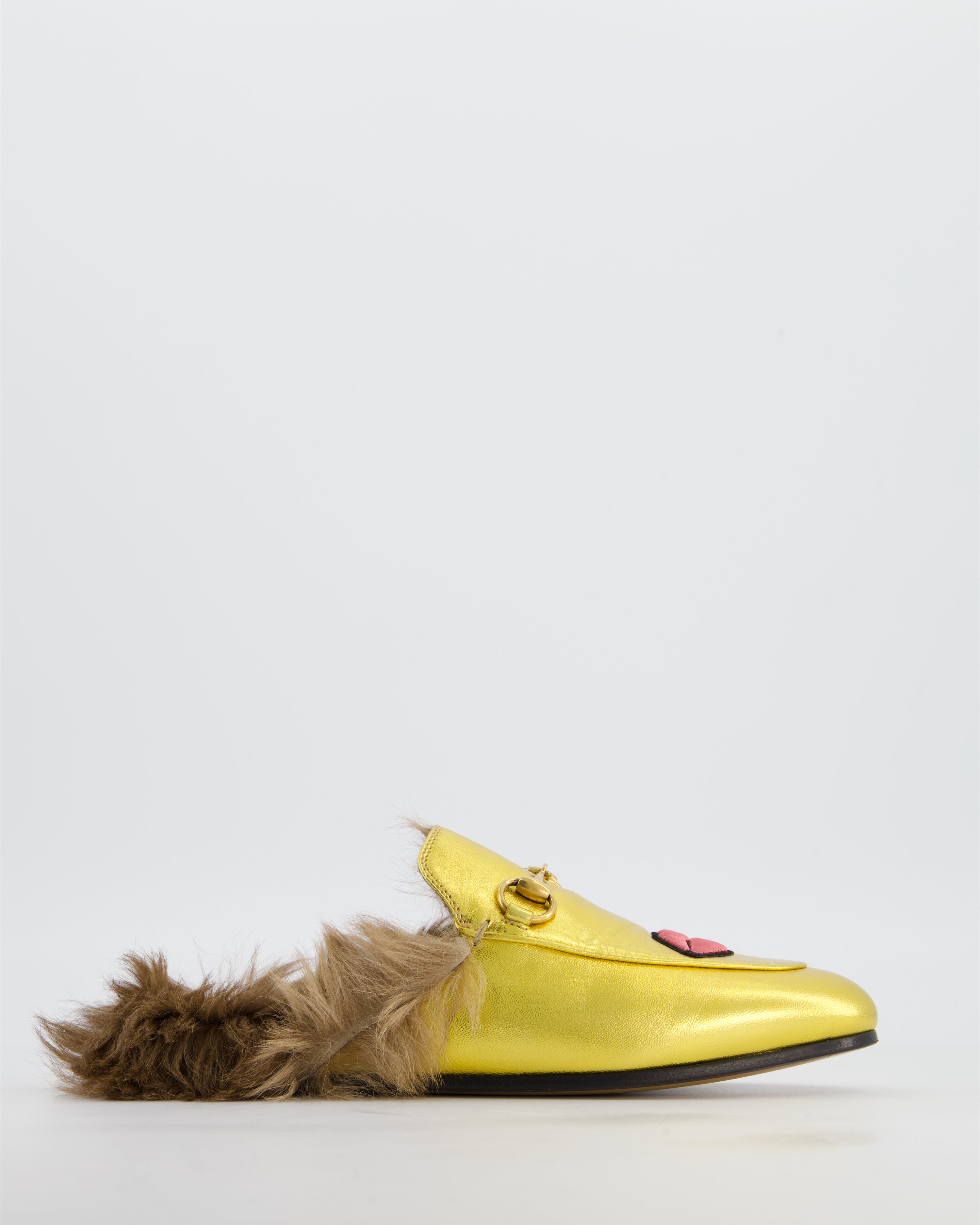 Gucci Gold Princetown Embroidered Lips Heart Mules with Fur EU 35
