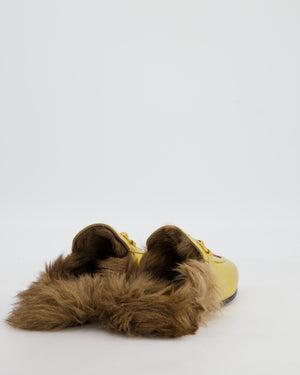Gucci Gold Princetown Embroidered Lips Heart Mules with Fur EU 35