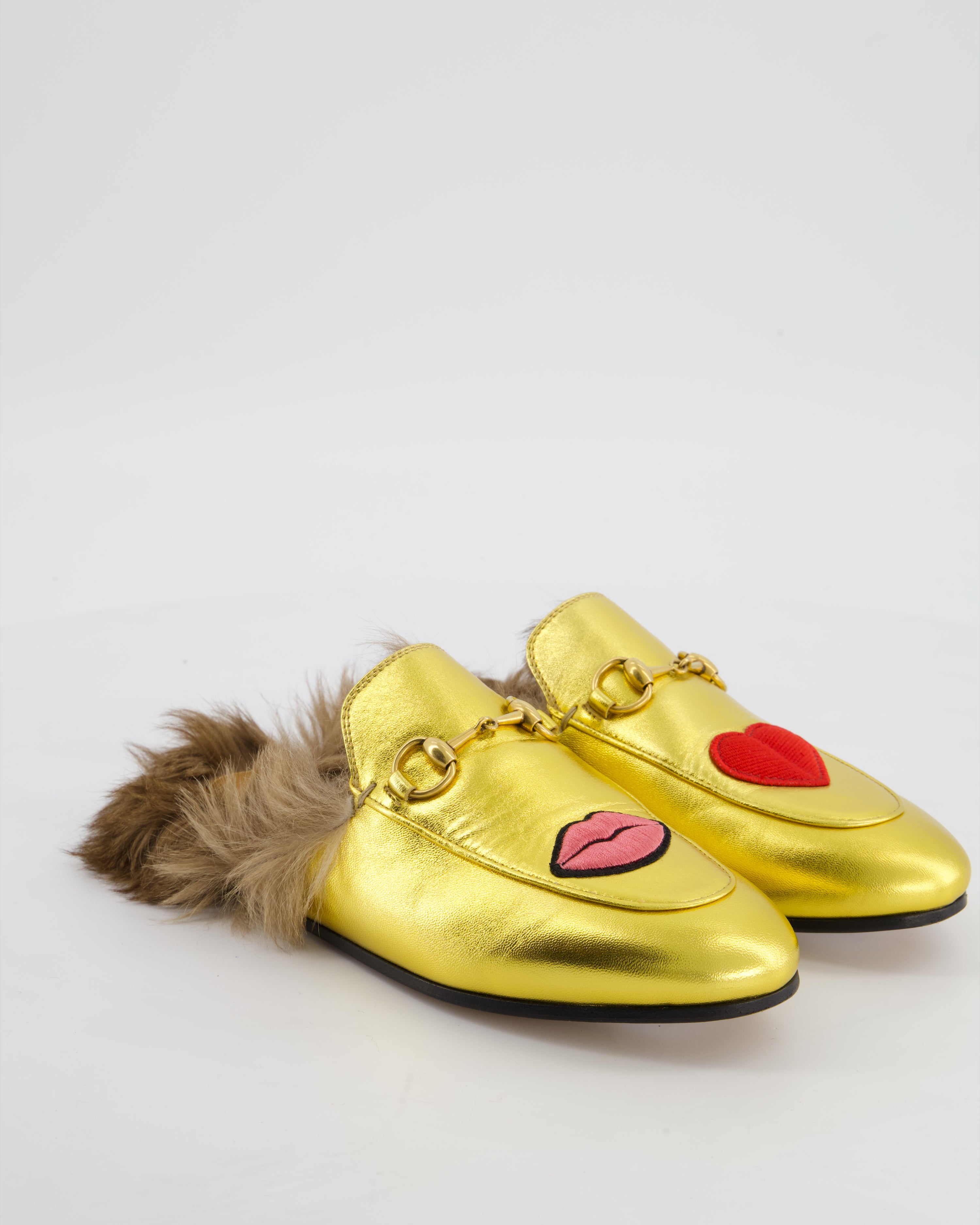 Gucci Gold Princetown Embroidered Lips Heart Mules with Fur EU 35