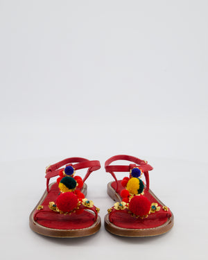 Dolce & Gabbana Red Sandals with Multicolour Pompoms and Ornament Details EU 36