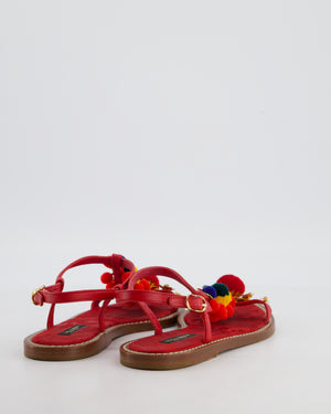Dolce & Gabbana Red Sandals with Multicolour Pompoms and Ornament Details EU 36