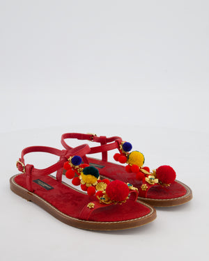 Dolce & Gabbana Red Sandals with Multicolour Pompoms and Ornament Details EU 36