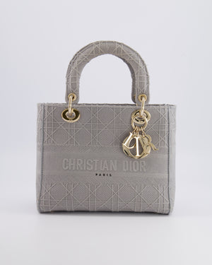 Christian Dior Grey Medium Lady D-Lite Bag in Embroidered Cannage Canvas with Champagne Gold Hardware RRP £4,300