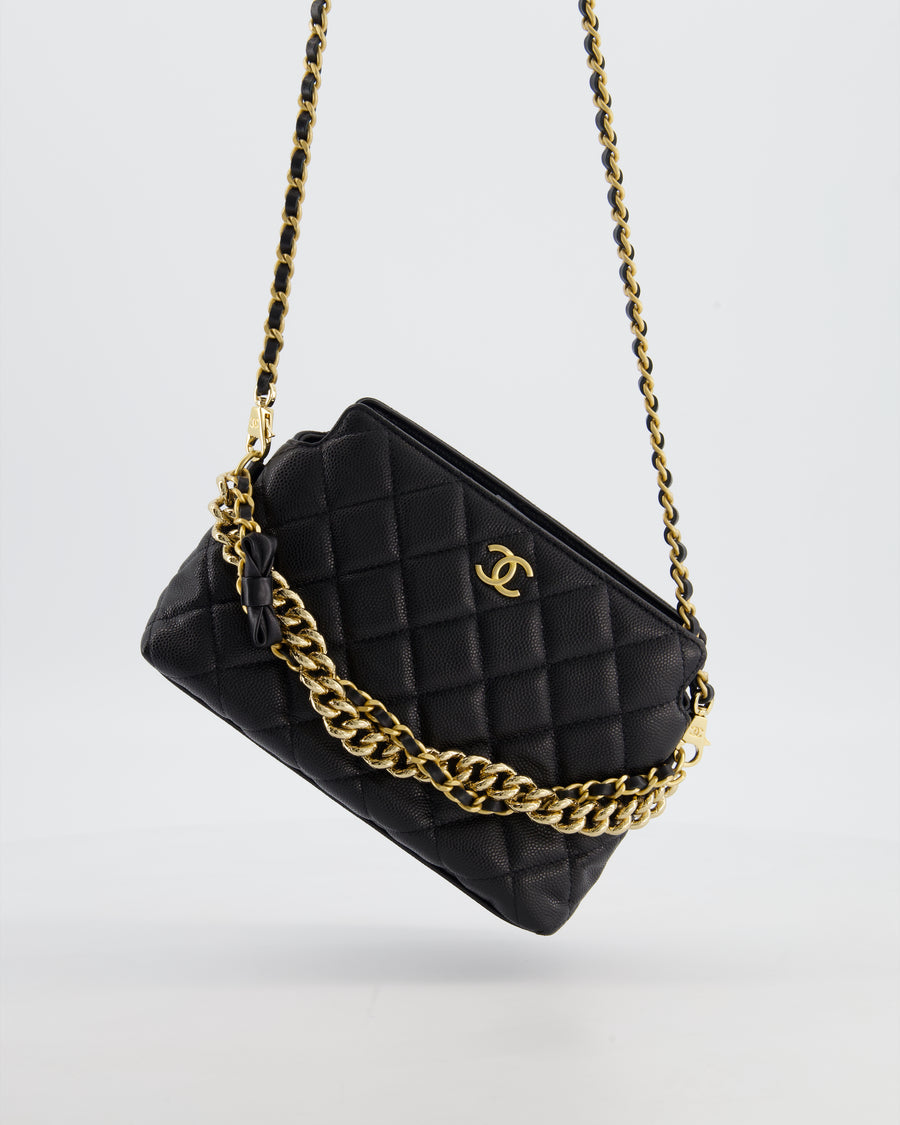 Chanel 24S Black Small Chain Link Clutch Bag in Caviar Leather with Leather Bow Detail and Gold Hardware