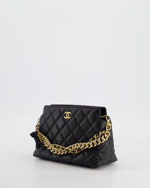 Chanel 24S Black Small Chain Link Clutch Bag in Caviar Leather with Leather Bow Detail and Gold Hardware