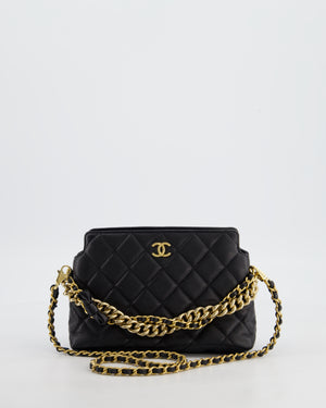 Chanel 24S Black Small Chain Link Clutch Bag in Caviar Leather with Leather Bow Detail and Gold Hardware