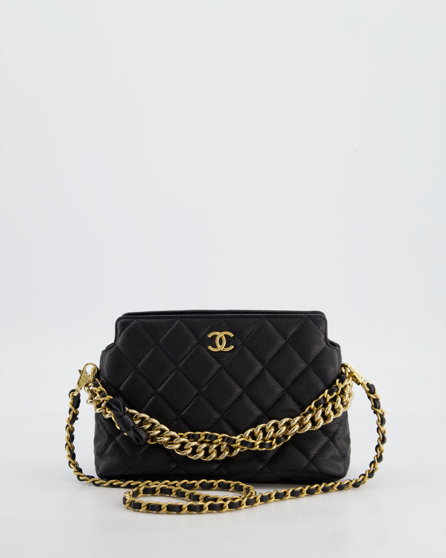 Chanel 24S Black Small Chain Link Clutch Bag in Caviar Leather with Leather Bow Detail and Gold Hardware