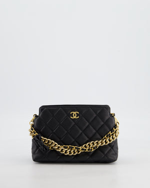 Chanel 24S Black Small Chain Link Clutch Bag in Caviar Leather with Leather Bow Detail and Gold Hardware