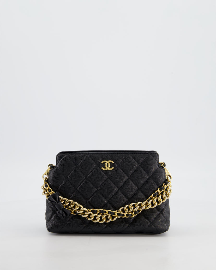 Chanel 24S Black Small Chain Link Clutch Bag in Caviar Leather with Leather Bow Detail and Gold Hardware