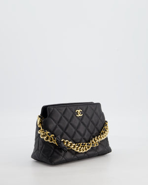 Chanel 24S Black Small Chain Link Clutch Bag in Caviar Leather with Leather Bow Detail and Gold Hardware