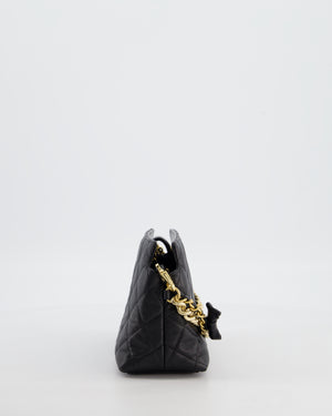 Chanel 24S Black Small Chain Link Clutch Bag in Caviar Leather with Leather Bow Detail and Gold Hardware
