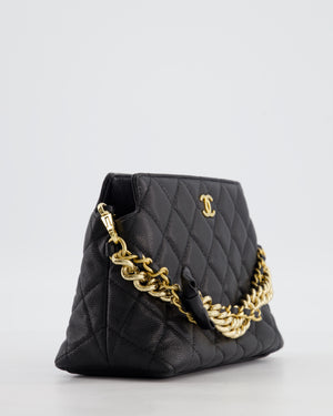 Chanel 24S Black Small Chain Link Clutch Bag in Caviar Leather with Leather Bow Detail and Gold Hardware