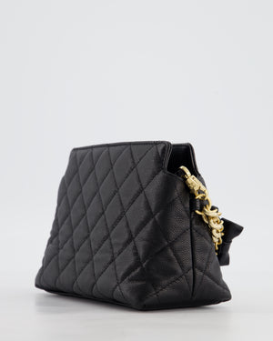 Chanel 24S Black Small Chain Link Clutch Bag in Caviar Leather with Leather Bow Detail and Gold Hardware