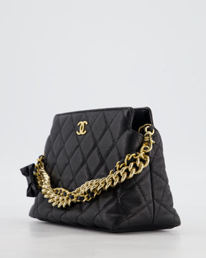 Chanel 24S Black Small Chain Link Clutch Bag in Caviar Leather with Leather Bow Detail and Gold Hardware