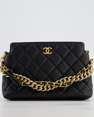 Chanel 24S Black Small Chain Link Clutch Bag in Caviar Leather with Leather Bow Detail and Gold Hardware