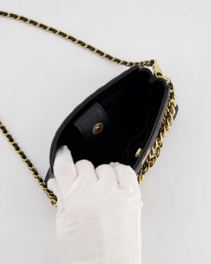 Chanel 24S Black Small Chain Link Clutch Bag in Caviar Leather with Leather Bow Detail and Gold Hardware
