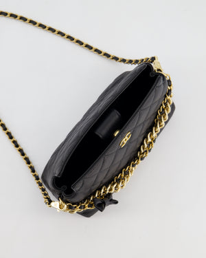 Chanel 24S Black Small Chain Link Clutch Bag in Caviar Leather with Leather Bow Detail and Gold Hardware