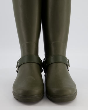 Celine Khaki Knee High Rubber Rain Boots with Biker Detail and Logo Size EU 39