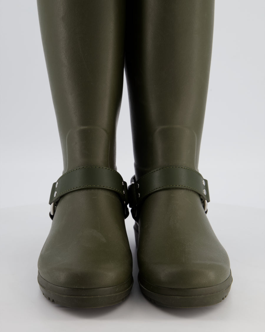 Celine Khaki Knee High Rubber Rain Boots with Biker Detail and Logo Size EU 39