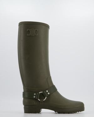 Celine Khaki Knee High Rubber Rain Boots with Biker Detail and Logo Size EU 39