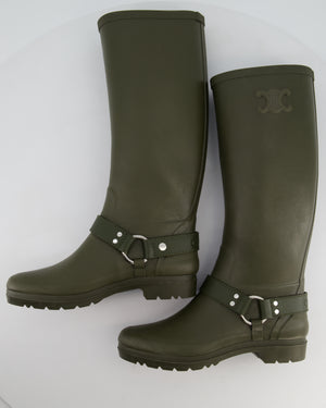 Celine Khaki Knee High Rubber Rain Boots with Biker Detail and Logo Size EU 39