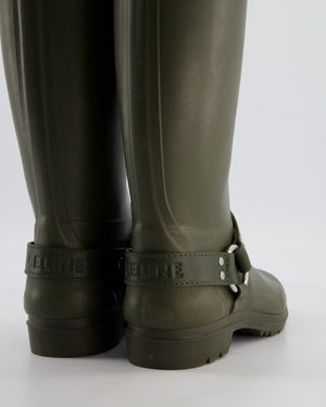 Celine Khaki Knee High Rubber Rain Boots with Biker Detail and Logo Size EU 39