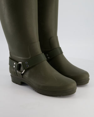 Celine Khaki Knee High Rubber Rain Boots with Biker Detail and Logo Size EU 39