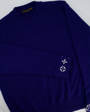Louis Vuitton Menswear Blue Cashmere Jumper with White Logo Cuff Detail Size S (UK36/38)