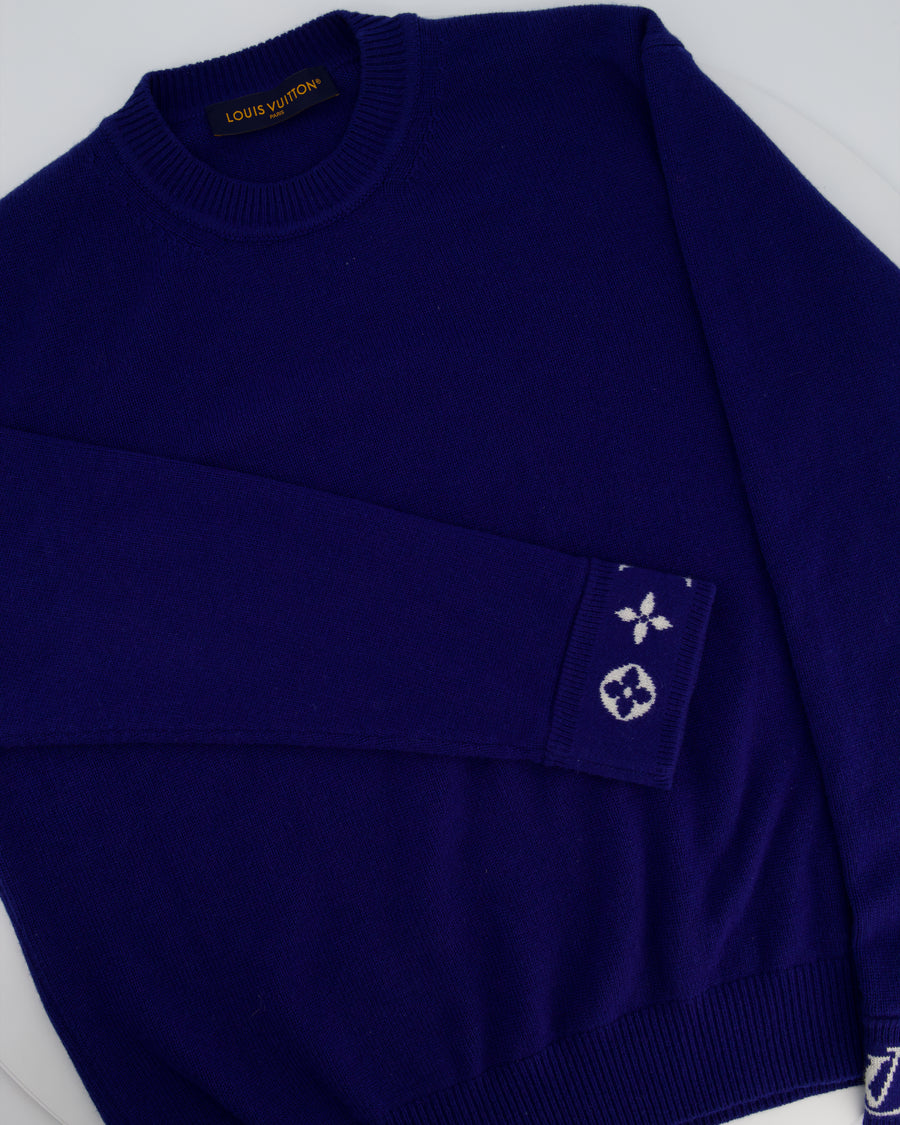 Louis Vuitton Menswear Blue Cashmere Jumper with White Logo Cuff Detail Size S (UK36/38)