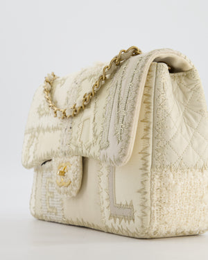 Chanel Cream Tweed and Patent Leather Patchwork Jumbo Single Flap Bag with Brushed Gold Hardware