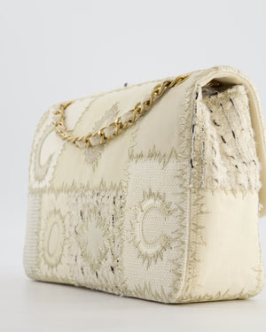 Chanel Cream Tweed and Patent Leather Patchwork Jumbo Single Flap Bag with Brushed Gold Hardware