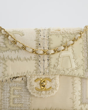Chanel Cream Tweed and Patent Leather Patchwork Jumbo Single Flap Bag with Brushed Gold Hardware