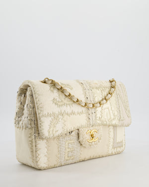 Chanel Cream Tweed and Patent Leather Patchwork Jumbo Single Flap Bag with Brushed Gold Hardware