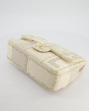 Chanel Cream Tweed and Patent Leather Patchwork Jumbo Single Flap Bag with Brushed Gold Hardware