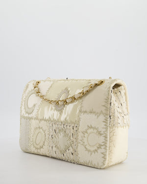 Chanel Cream Tweed and Patent Leather Patchwork Jumbo Single Flap Bag with Brushed Gold Hardware