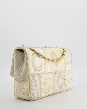 Chanel Cream Tweed and Patent Leather Patchwork Jumbo Single Flap Bag with Brushed Gold Hardware